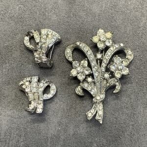 Vintage Claudette Floral Clip Earrings Brooch Set White Rhinestones Silver Tone